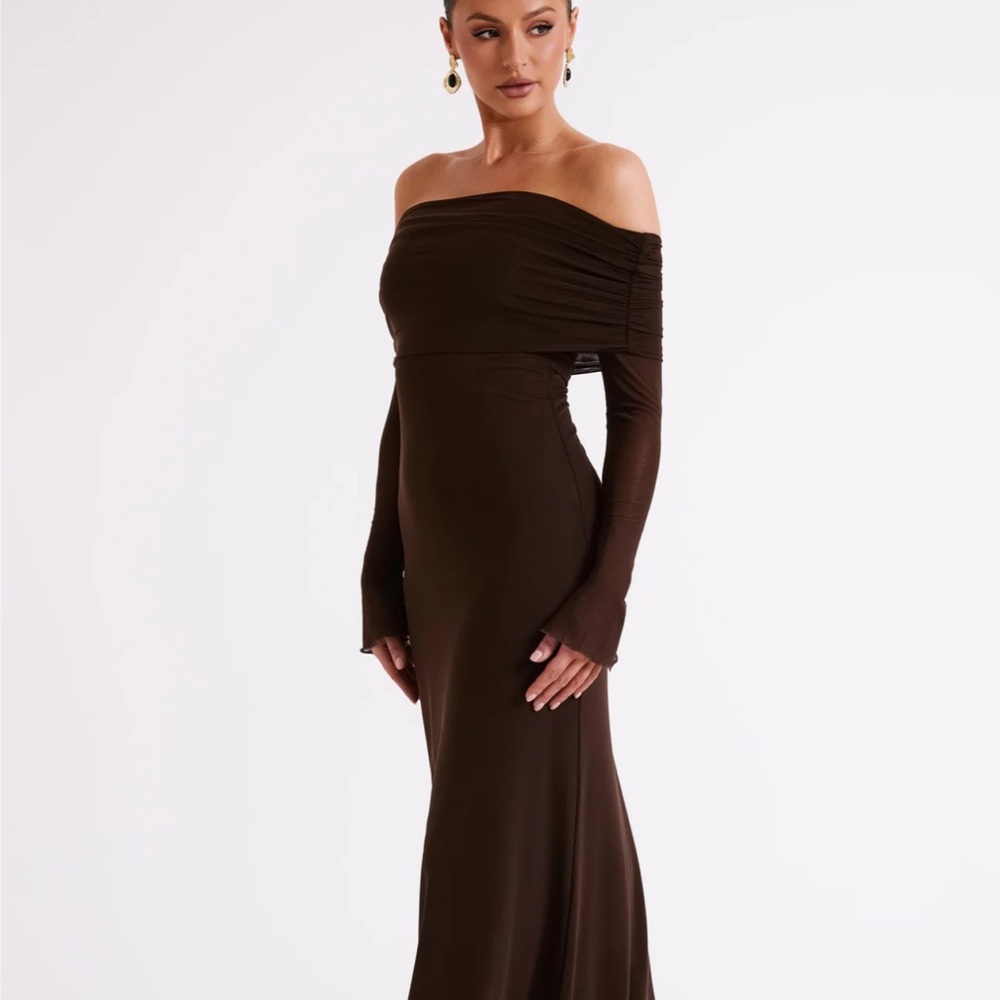 MESHKI Josie off shoulder mesh maxi dress - dark brown